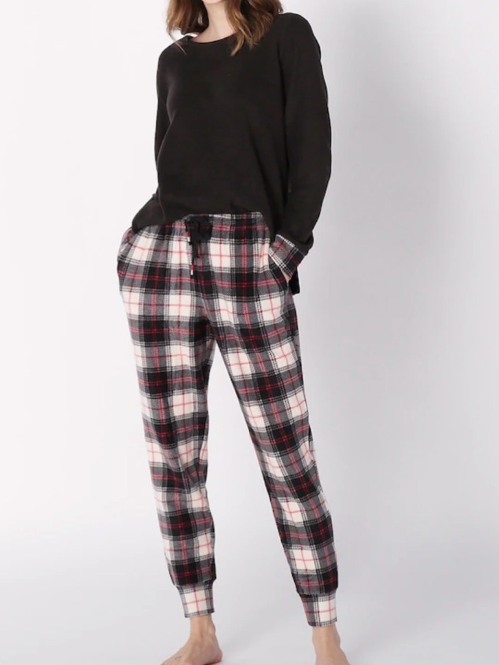 Cuddl Duds Fleecewear with Stretch PJ Set Size Small Petite Black Red Plaid